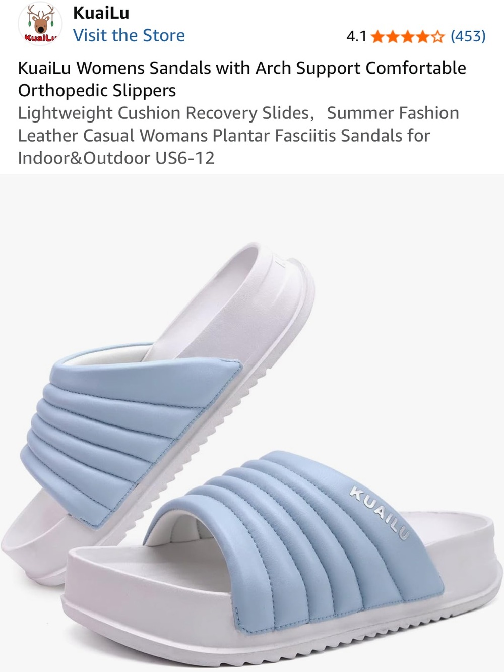 KuaiLu Women's Light Blue Quilted Slide Sandals with Arch Size 9 New #Lux-CL